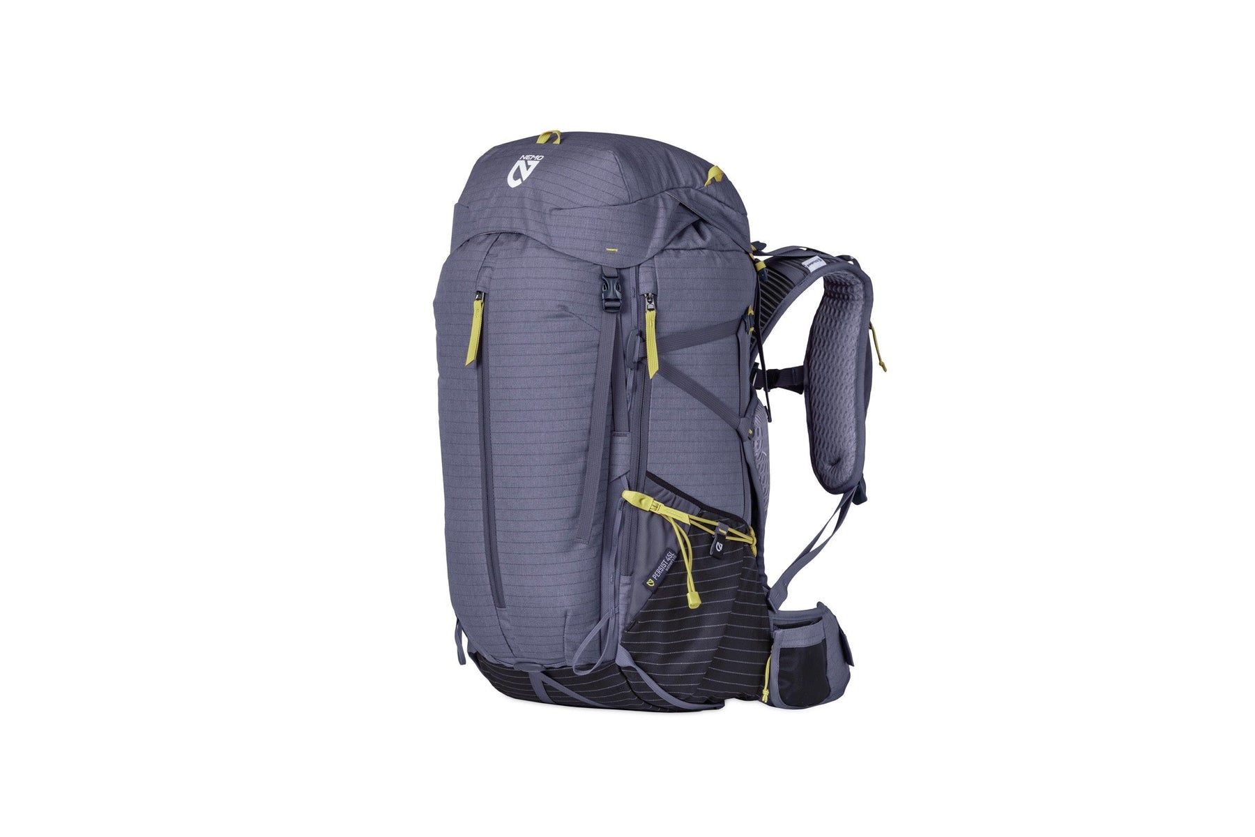 The NEMO Equipment Persist™ Women's 45L Endless Promise® All-Adventure Backpack, in gray and black with yellow zipper pulls, features multiple compartments and padded straps. Made from sustainable materials. Shown on white background.