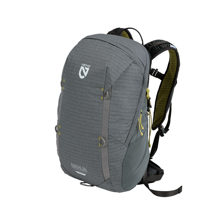 The Resolve™ Men’s 25L Endless Promise® Technical Daypack by NEMO Equipment is a gray, water-resistant backpack with zippered compartments, yellow accents, padded shoulder straps, and a top handle—perfect for hiking gear. Shown against a white background.