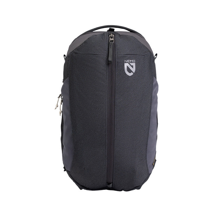 The NEMO Equipment Vantage™ 30L Endless Promise® Overnight Travel Backpack, in black and gray with water-resistant recycled fabric and front zipper, displays the NEMO logo on the upper front and is photographed against a white background.