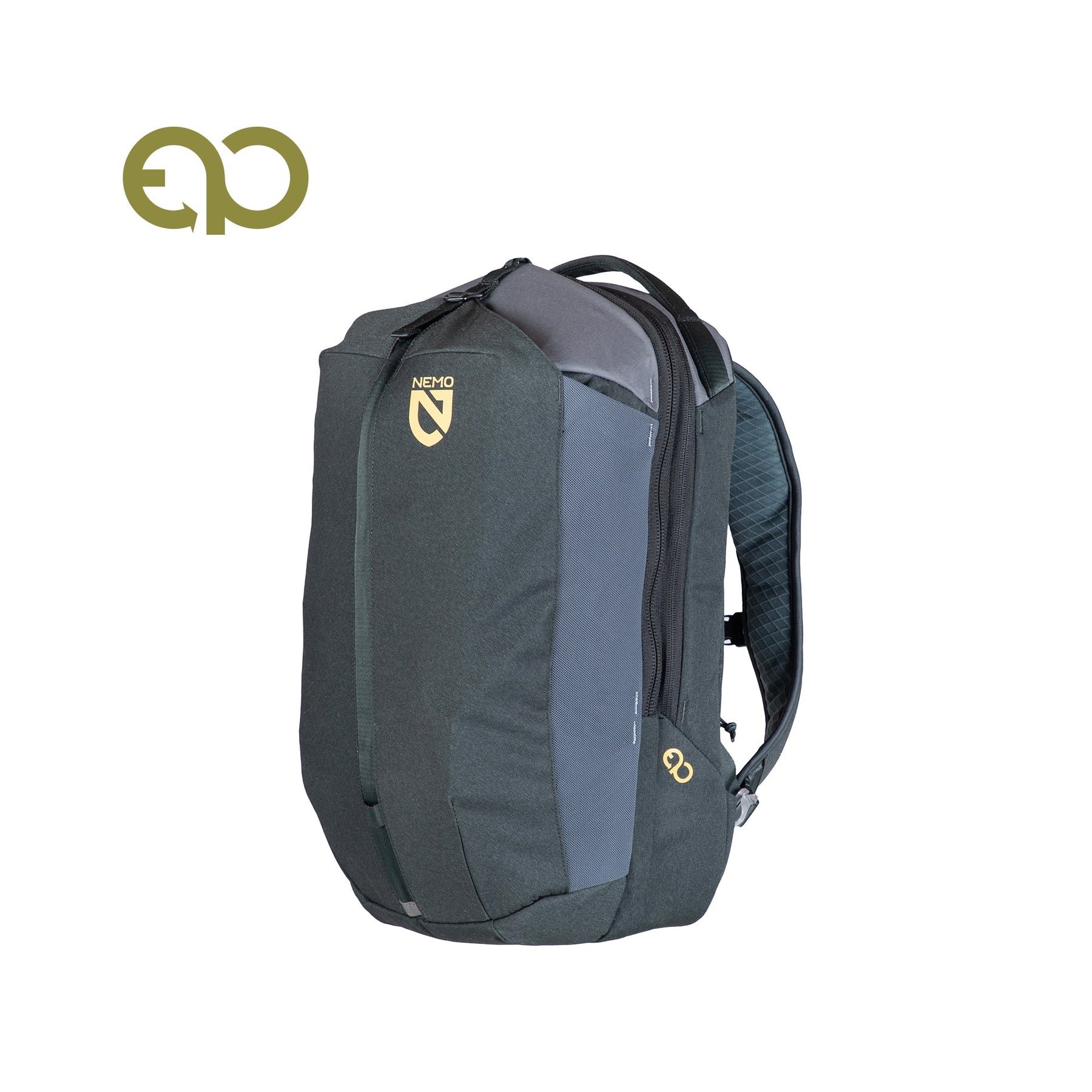 A dark gray, water-resistant NEMO Equipment Vantage™ 20L Endless Promise® Everyday Adventure Daypack with front zip pocket, side panels, and gold EQ logo on the front and side, shown against a white background.